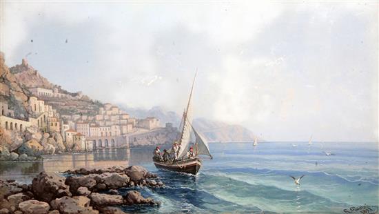 Giancinto Gianni (1837-1895) Naples from the Bay, a fishing boat in the foreground 11.5 x 20.25in.